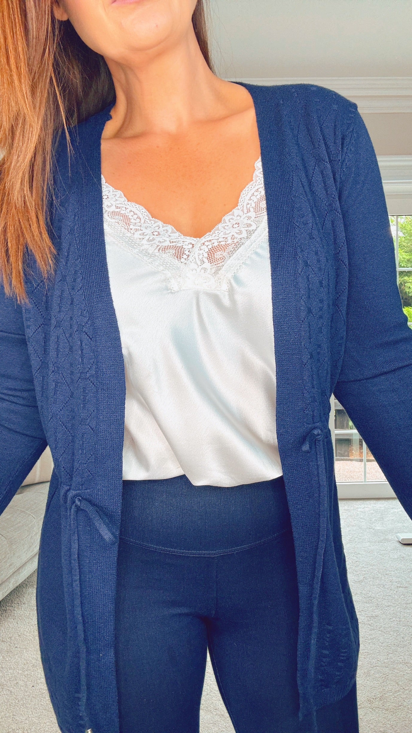NAVY TIE WAIST QUALITY CARDIGAN