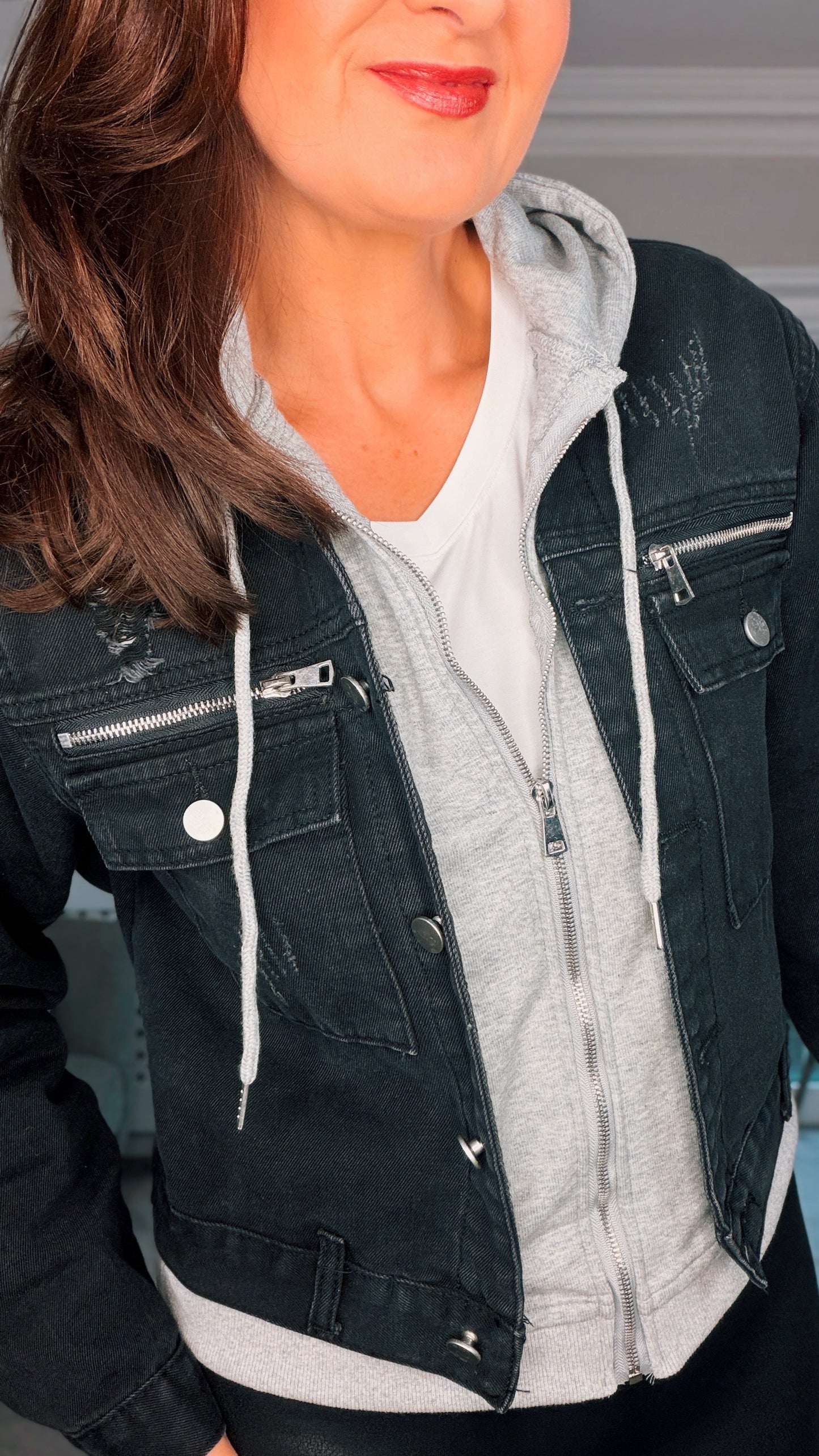 BLACK DENIM JACKET with attached hoodie