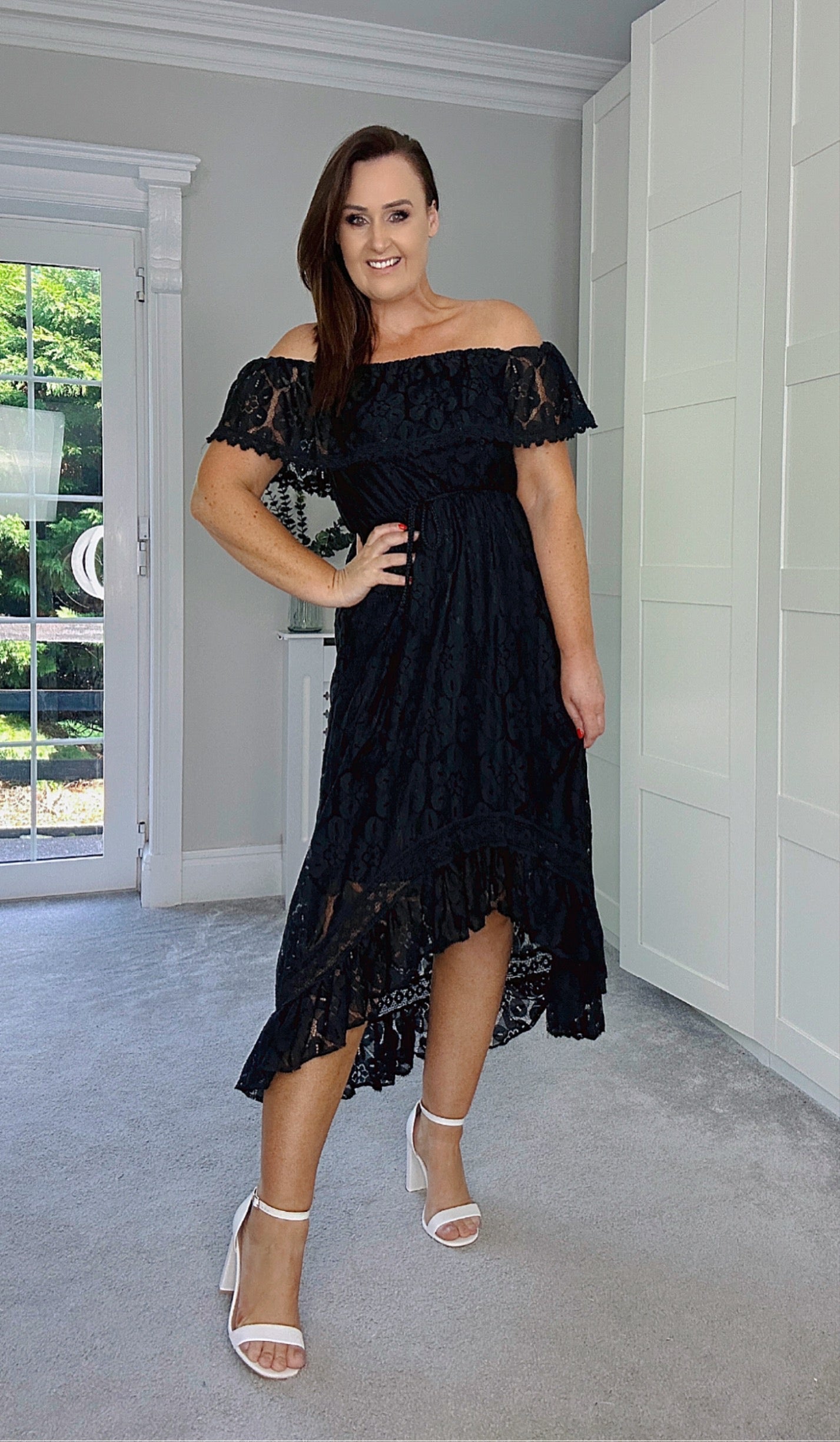BLACK HIGH LOW HEM SPECIAL OCCASION OFF SHOULDER LACE DRESS