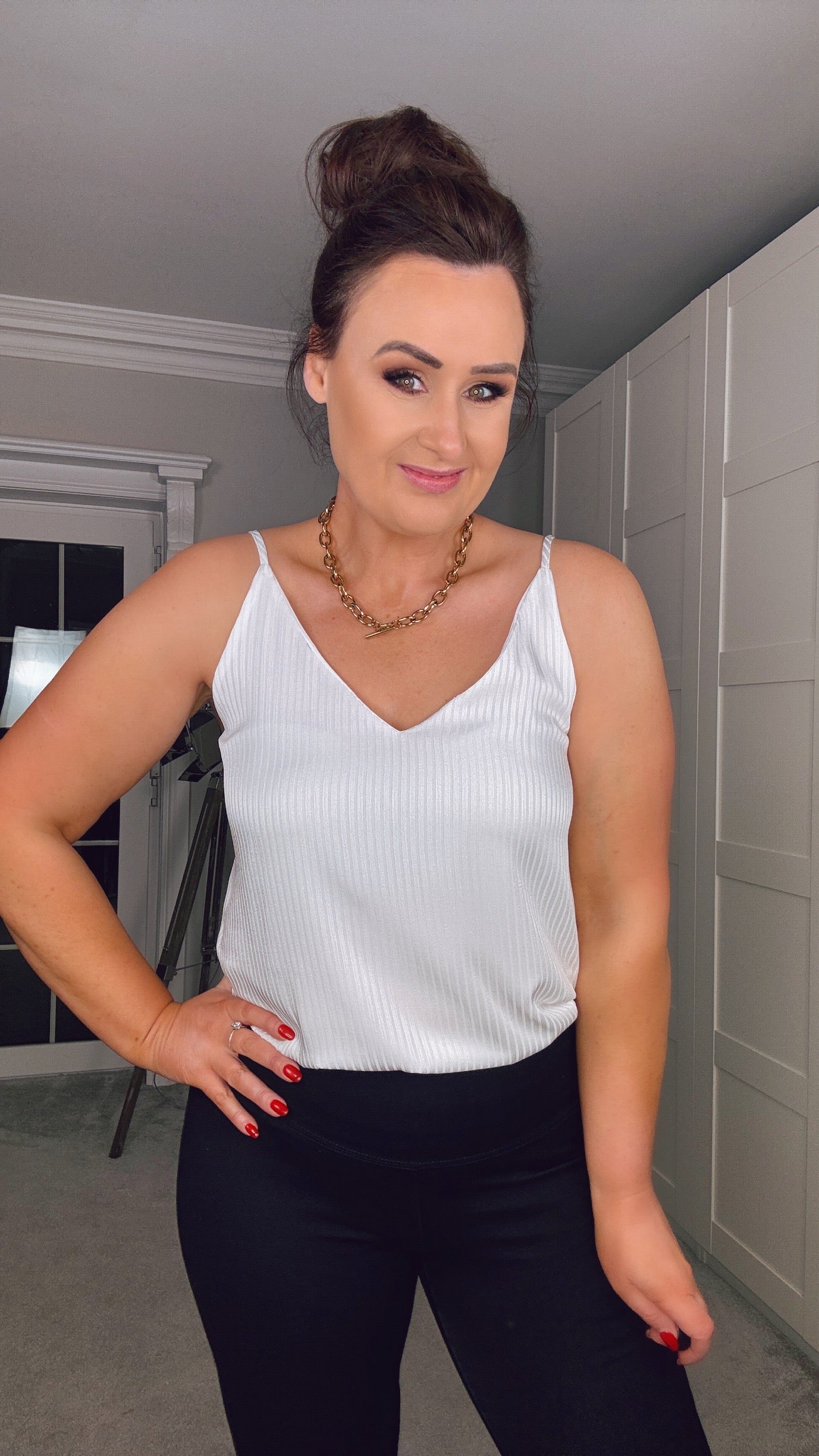 WHITE V-NECK CAMI with subtle stripe texture