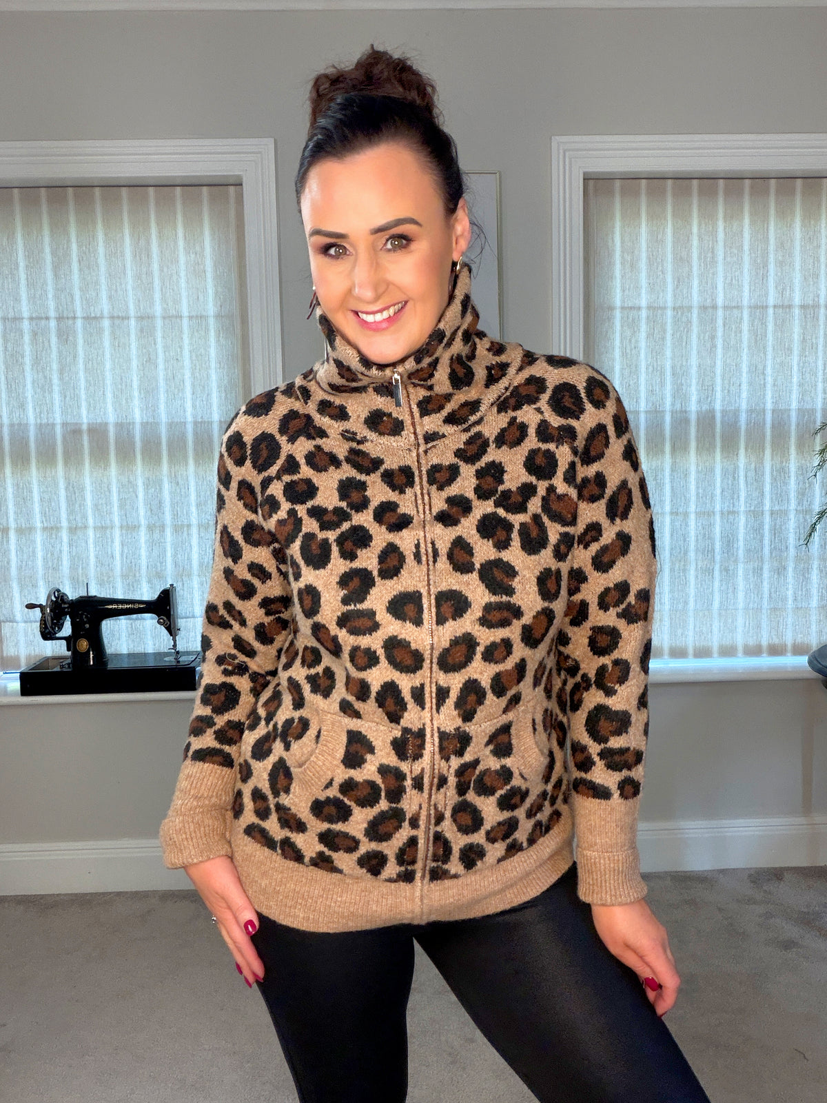 LEOPARD PRINT ZIP KNIT with Funnel Neck