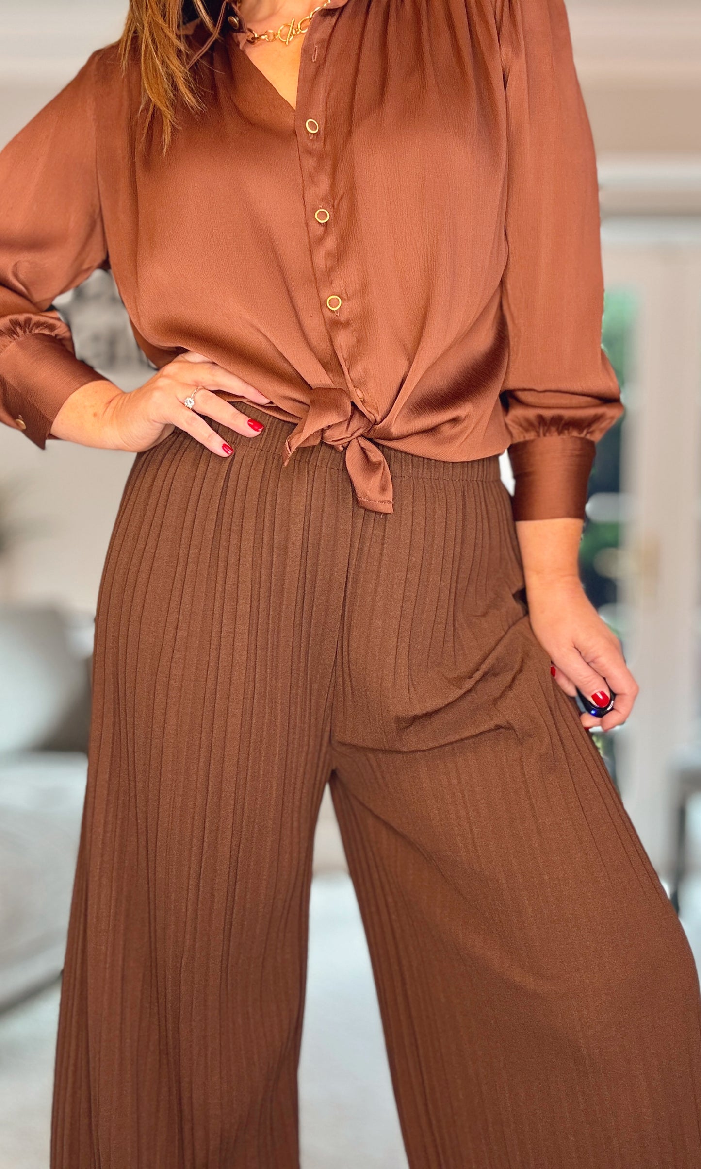 CHOCOLATE CHRISTY WIDE LEG PLEATED TROUSERS