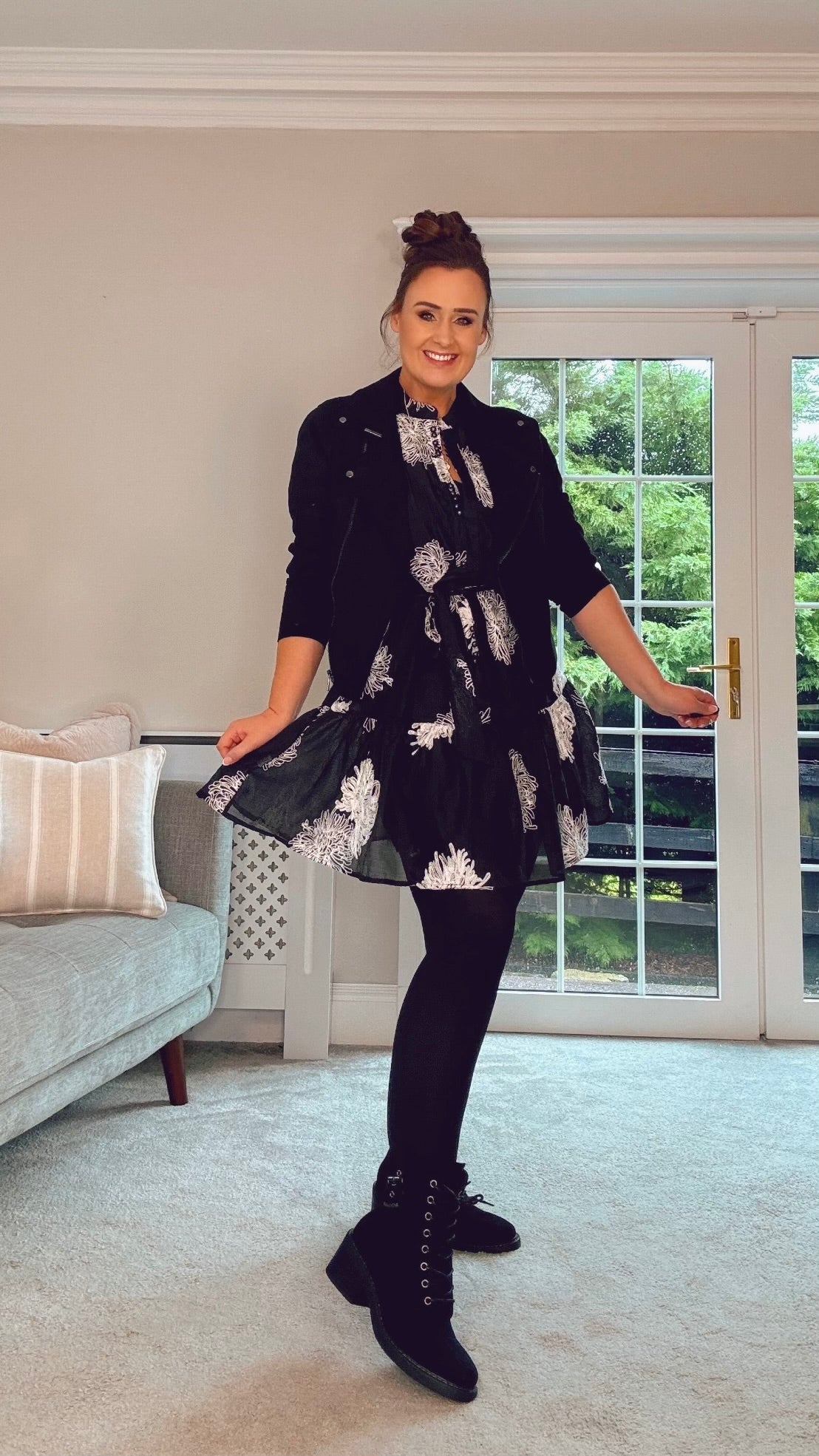 BLACK DRESS with EMBROIDERED WHITE DETAIL