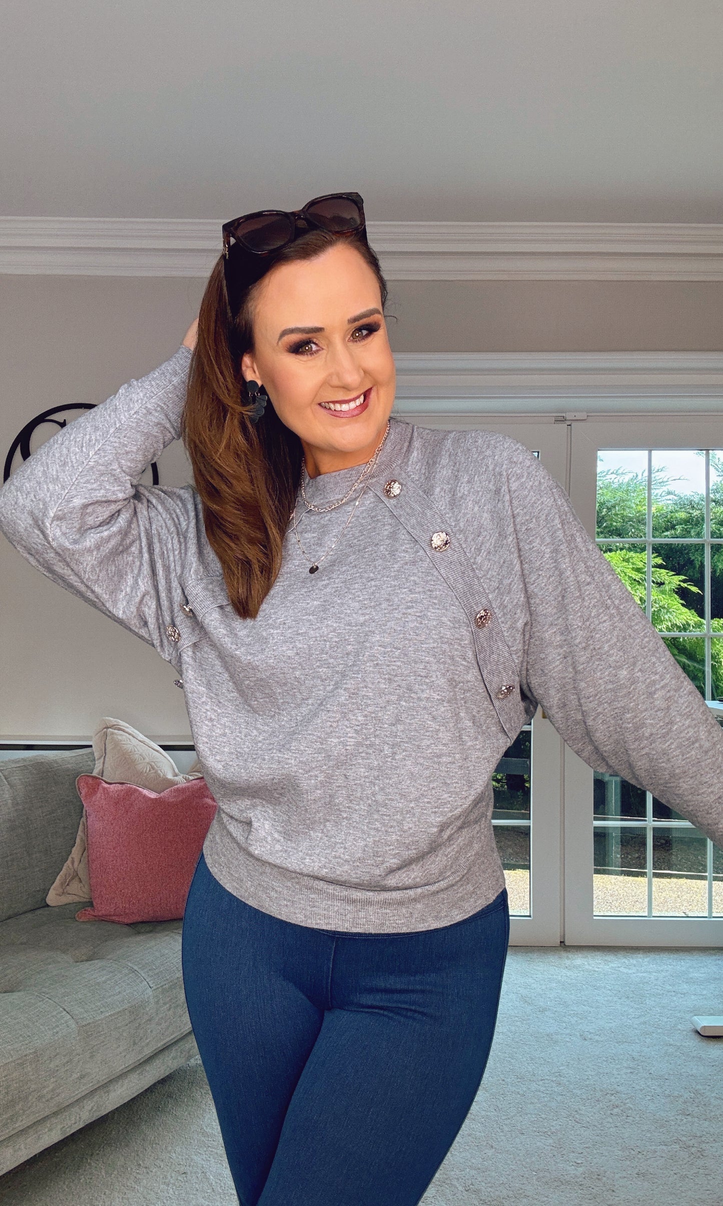 GREY BUTTON BATWING KNIT JUMPER