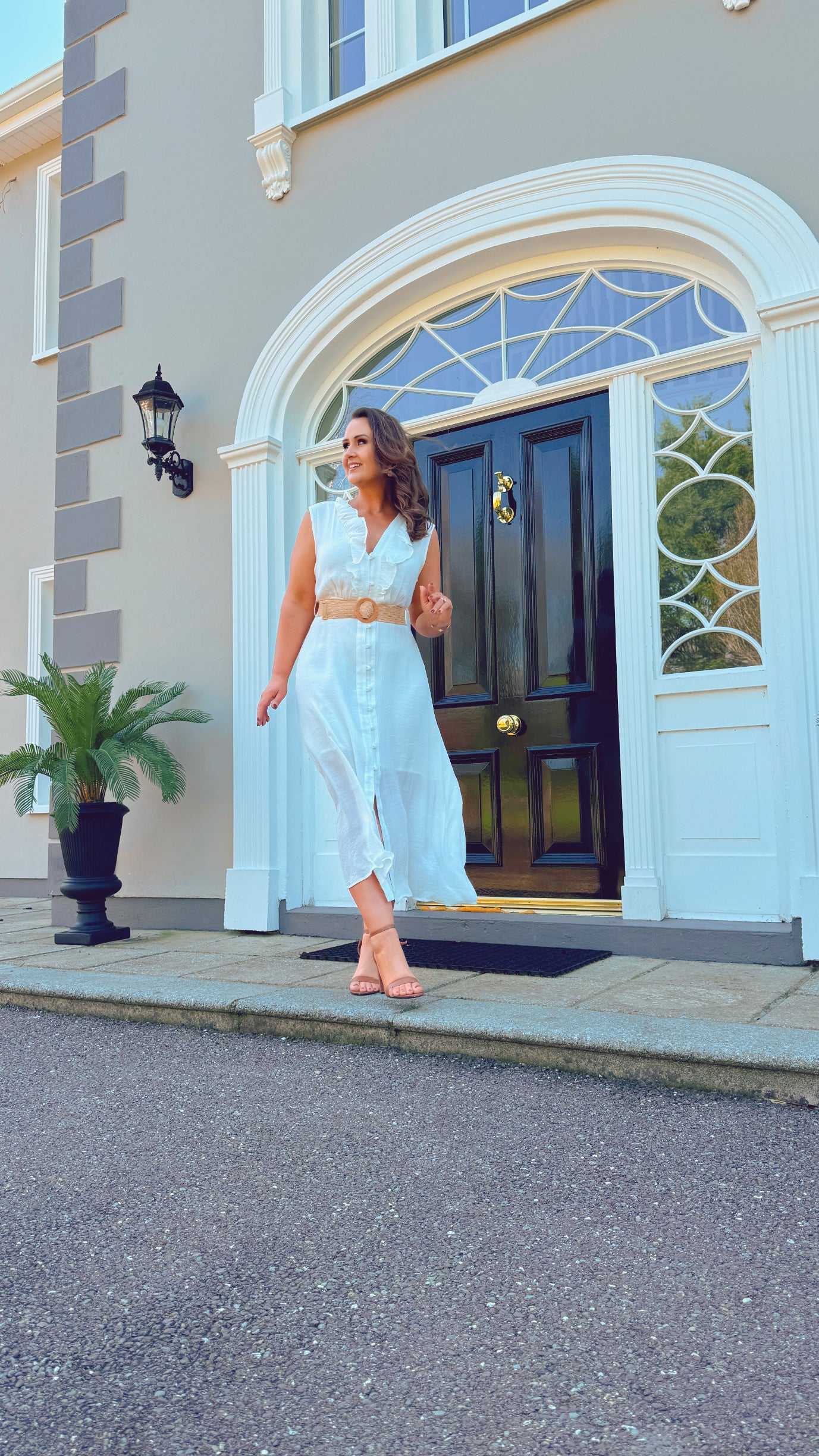 WHITE SUMMER SHIRT DRESS with frill neckline