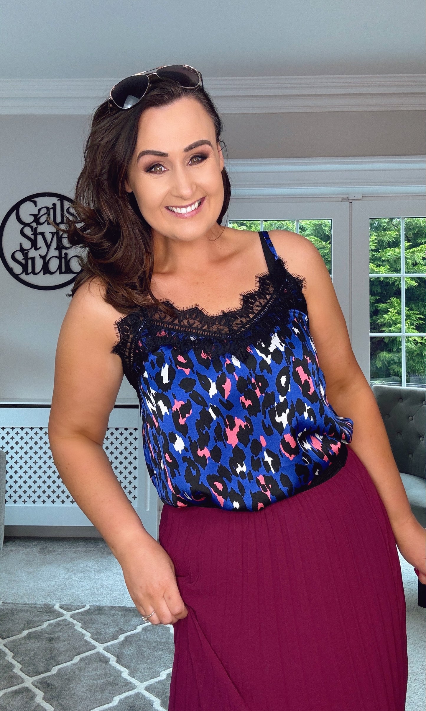 Blue/Pink Animal Print Cami Top with Lace
