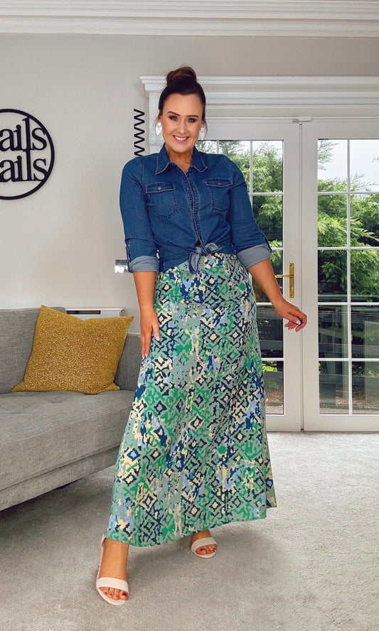 Mint Green and Blue maxi skirt with belt