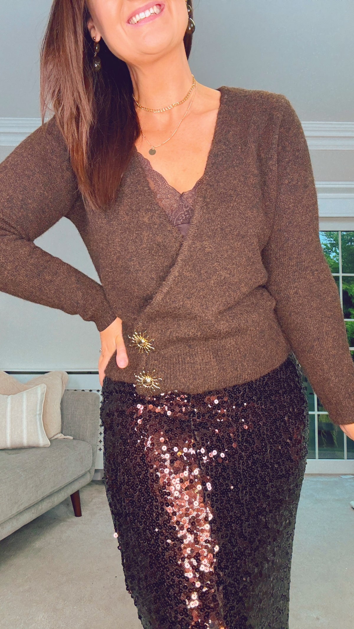 BROWN SEQUIN MIDI STRETCH SKIRT
