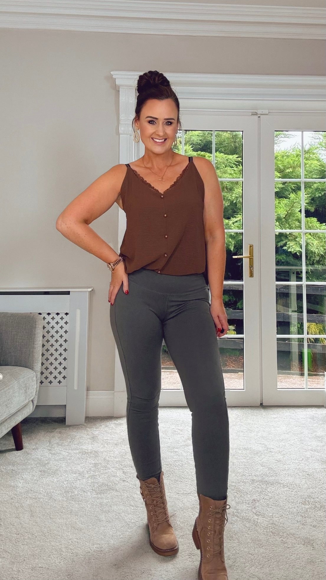 BROWN CURVE BUTTON CAMI