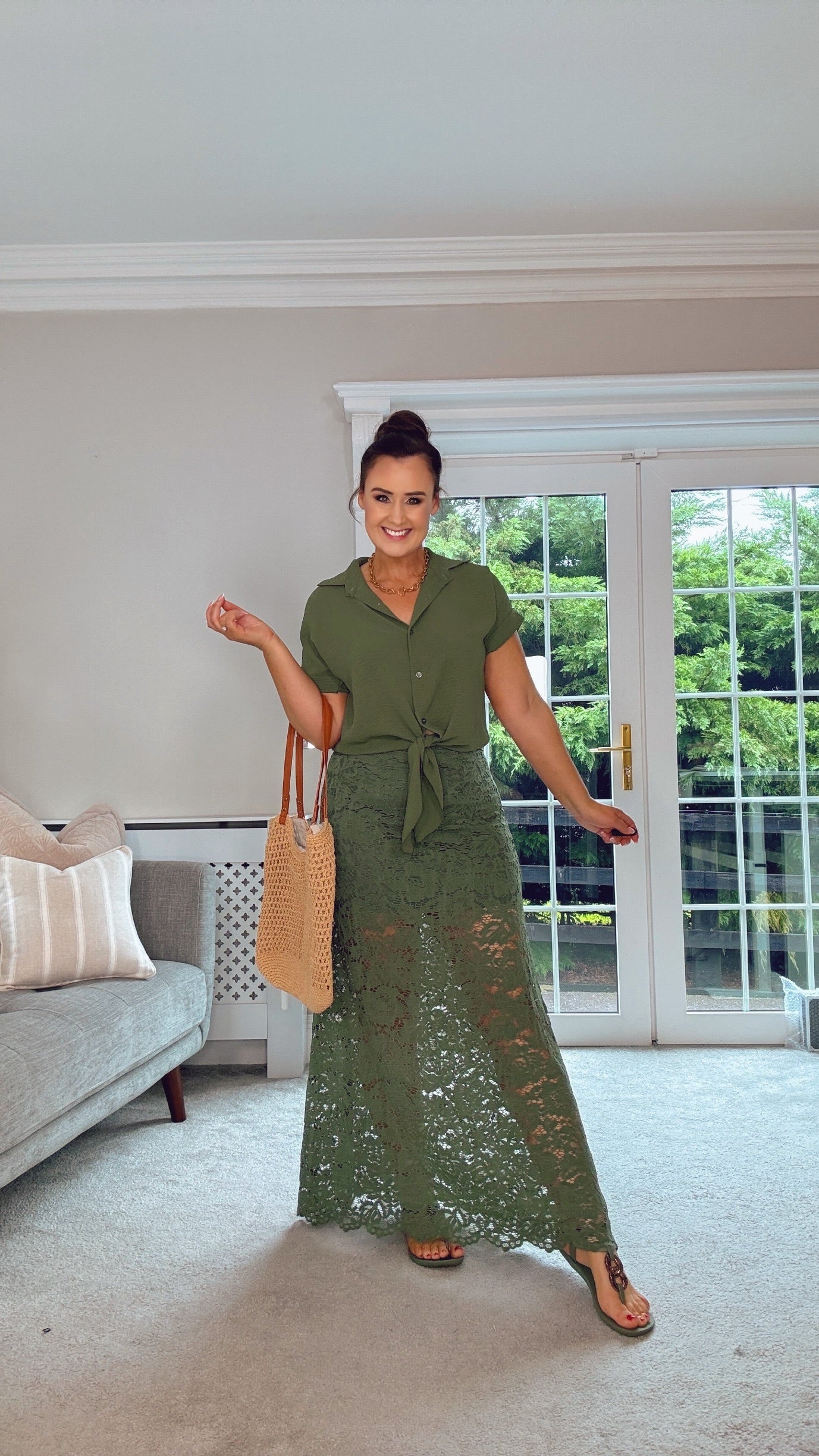 KHAKI STRETCH SHORT SLEEVE TIE KNOT BLOUSE