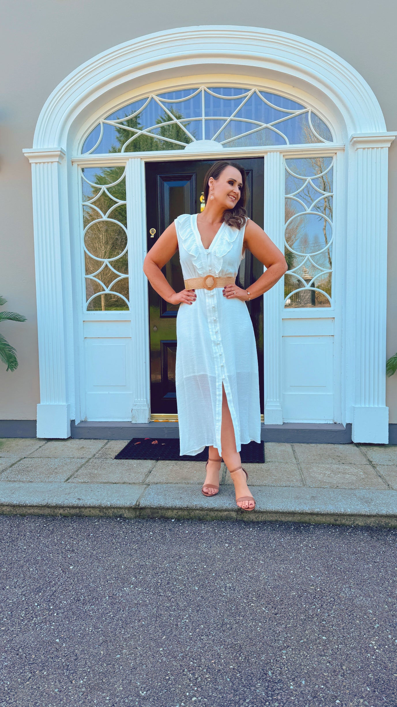 WHITE SUMMER SHIRT DRESS with frill neckline