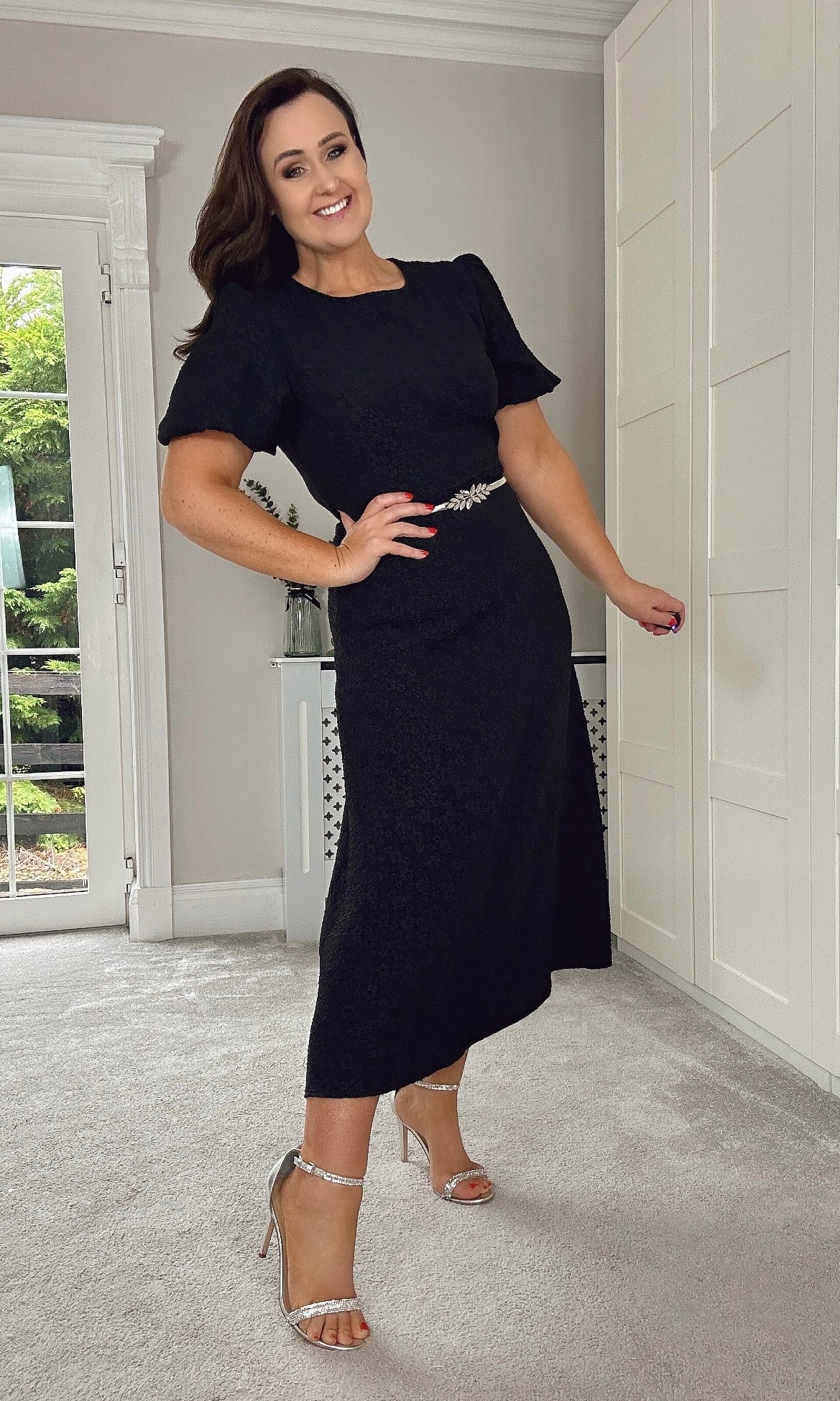 SPECIAL OCCASION BLACK MIDI ALINE DRESS WITH 2 COORDINATING BELTS OP