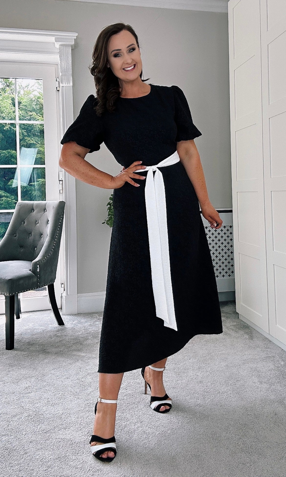 SPECIAL OCCASION BLACK MIDI ALINE DRESS WITH 2 COORDINATING BELTS OP