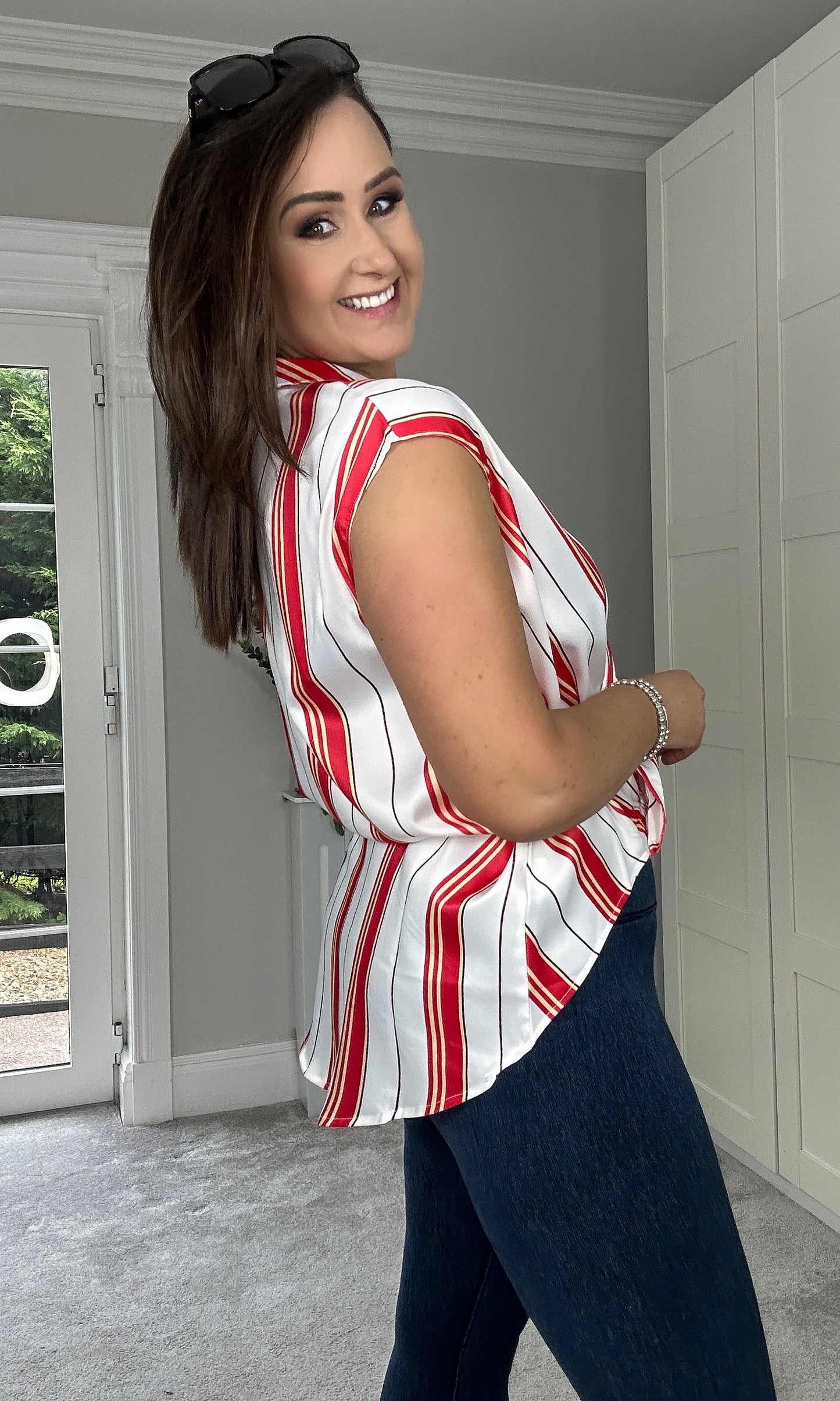 Red Stripe Sleeveless Cross Over Blouse