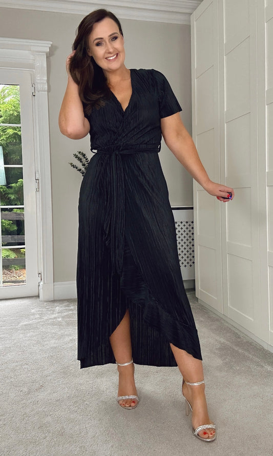 BLACK MOCK WRAP SPLIT HEM FRILL DRESS