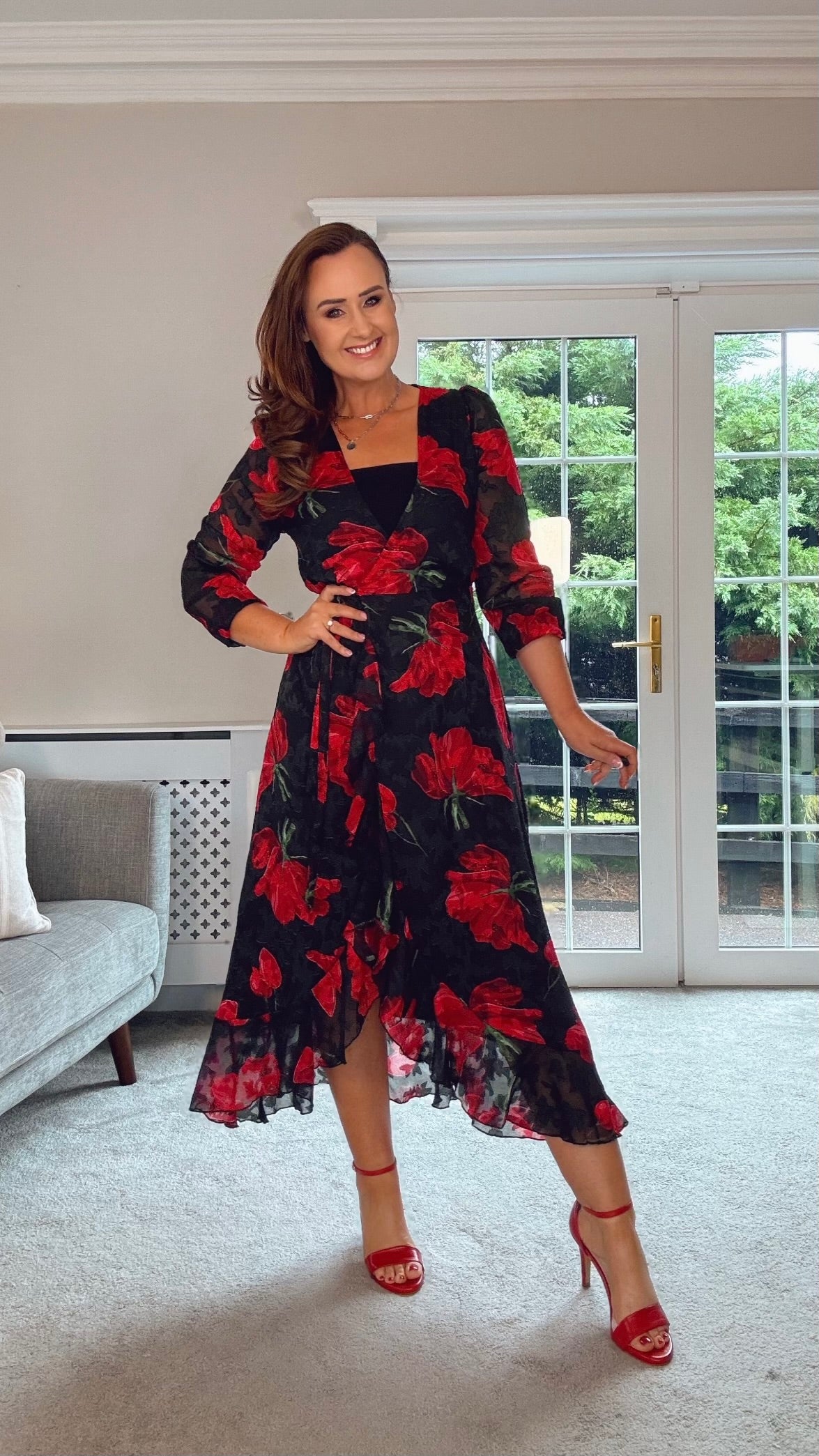 BLACK POPPY WRAP MIDI DRESS