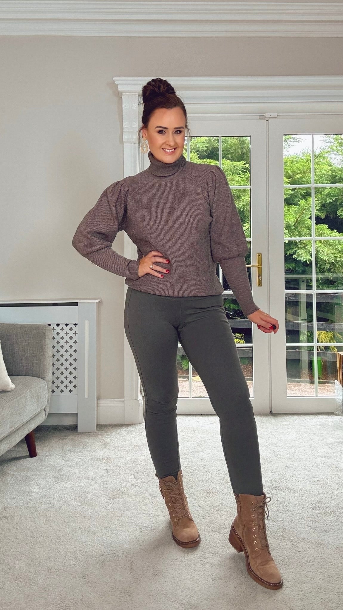 TAUPE BALOON SLEEVE POLONECK QUALITY KNIT JUMPER