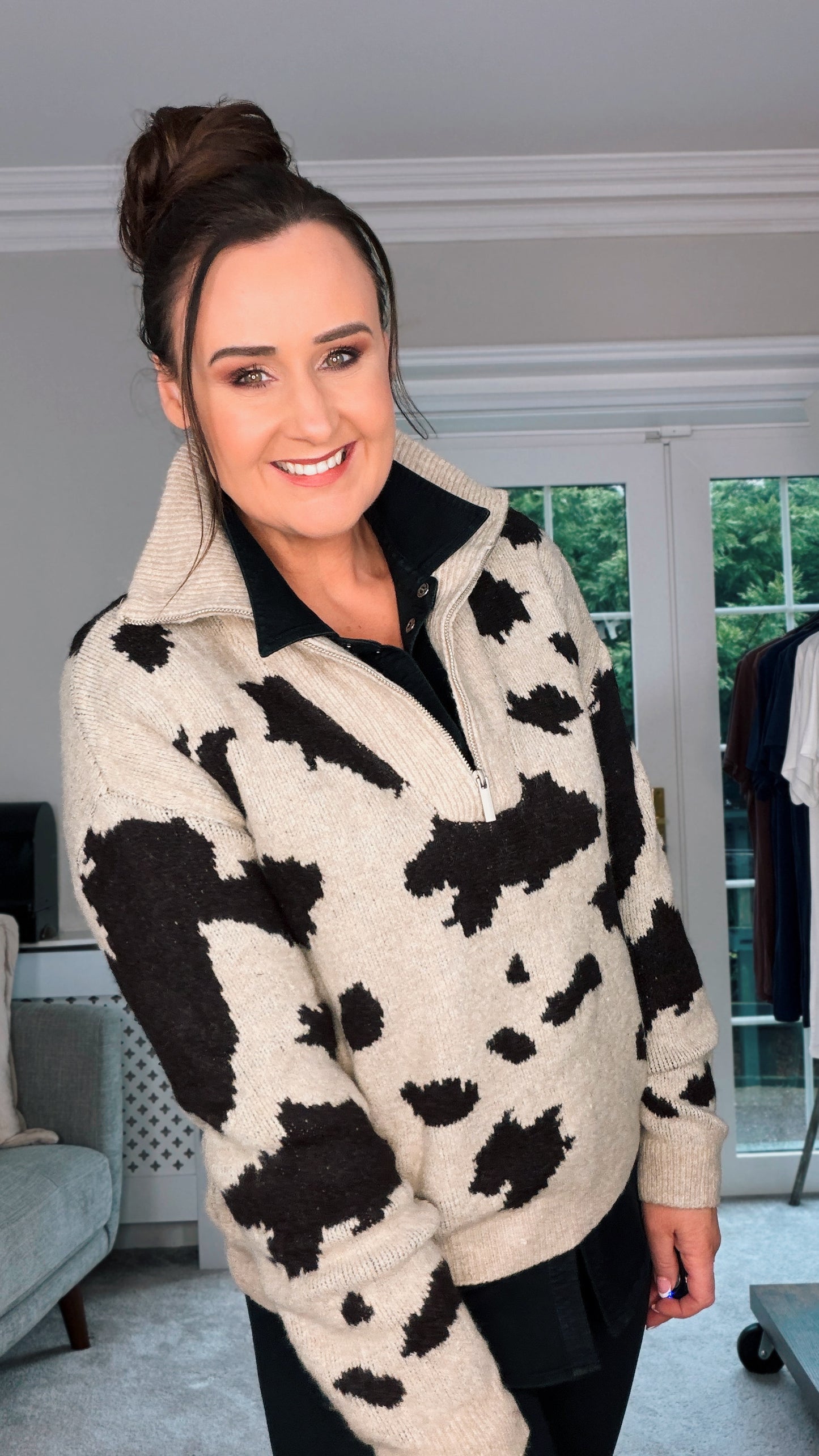 BEIGE ANIMAL PRINT HALF ZIP JUMPER