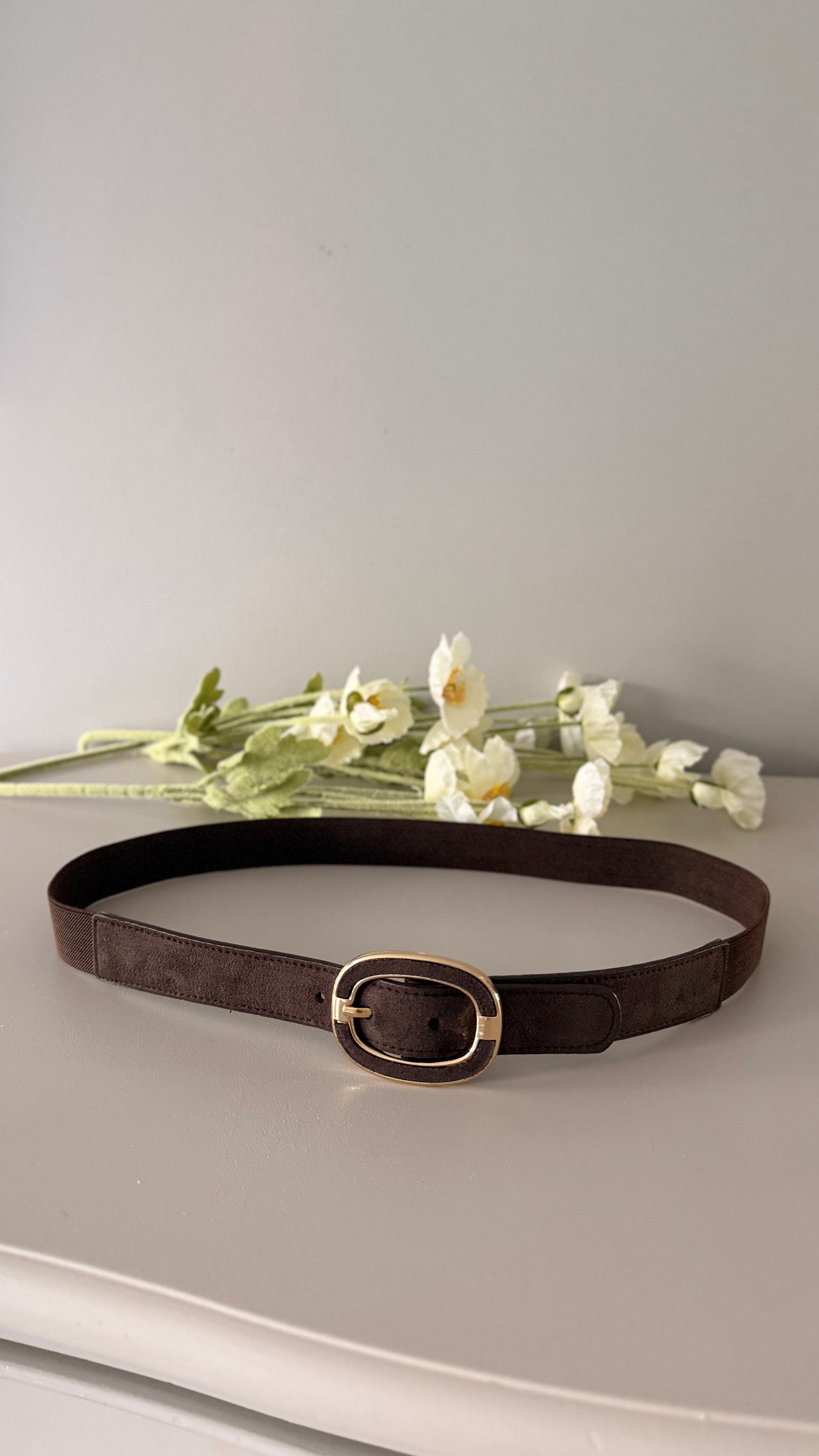 NARROW BROWN STRETCH BELT with gold buckle