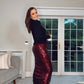 BURGUNDY SEQUENCE MIDI STRETCH SKIRT