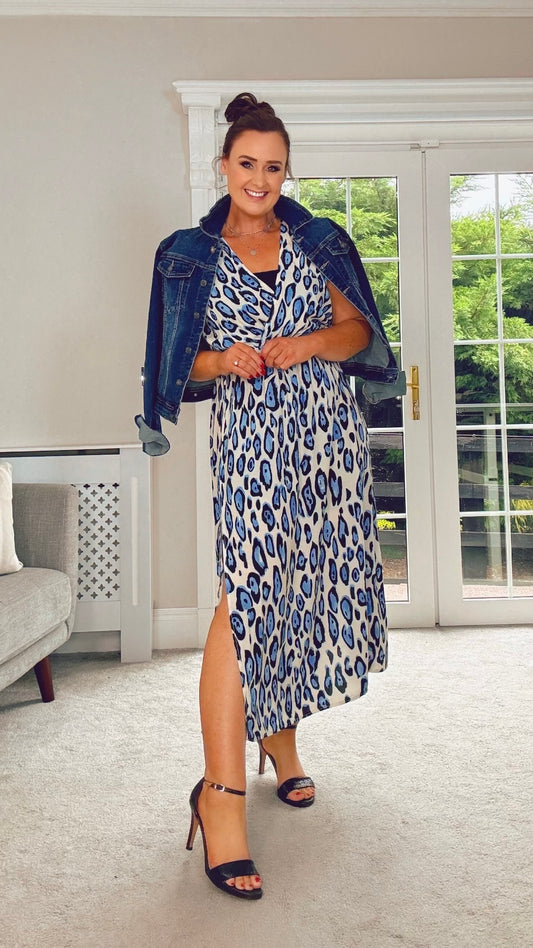 BLUE LEOPARD PRINT MIDI DRESS