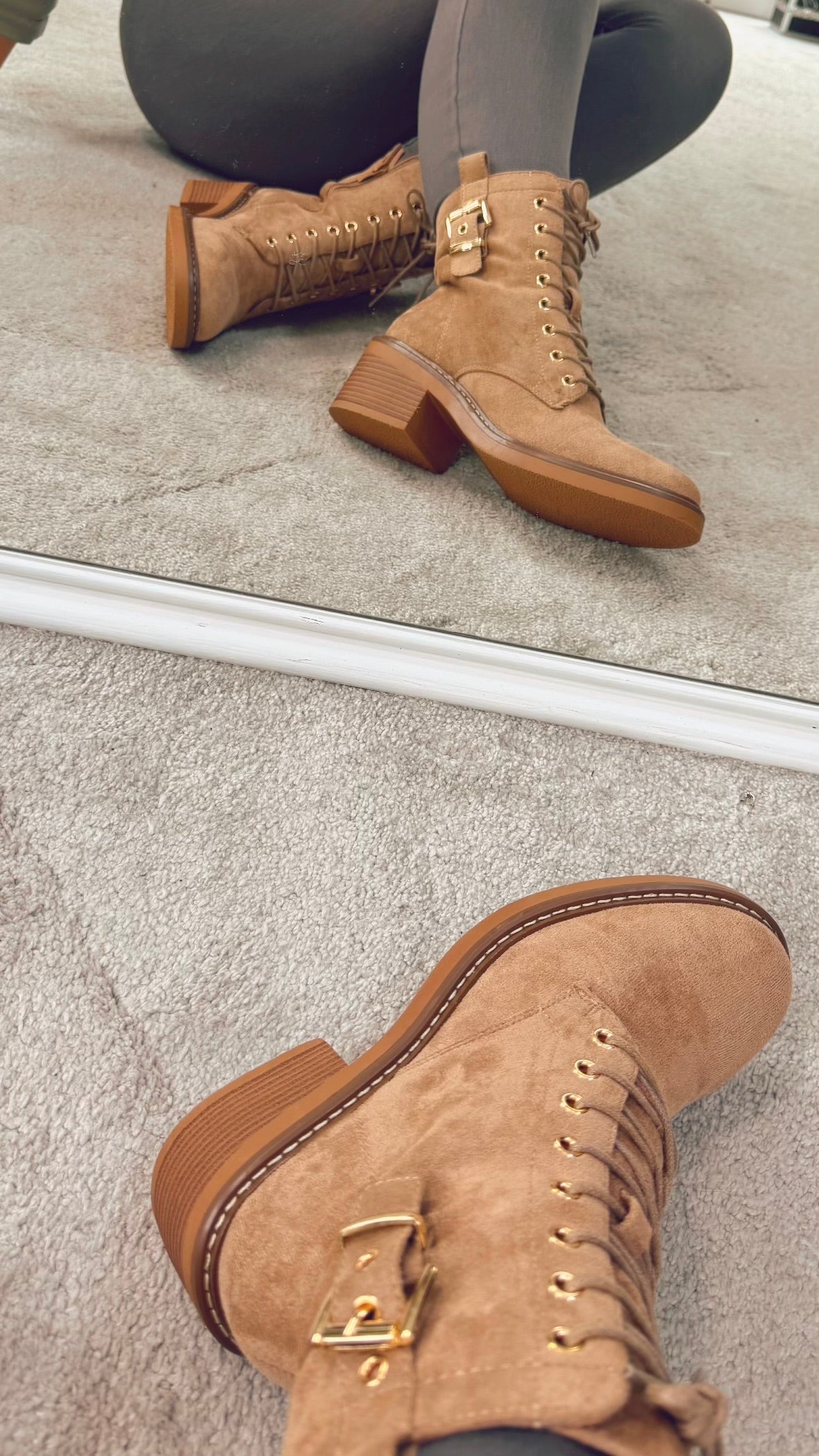 TAN LACE BOOTS with BLOCK HEEL