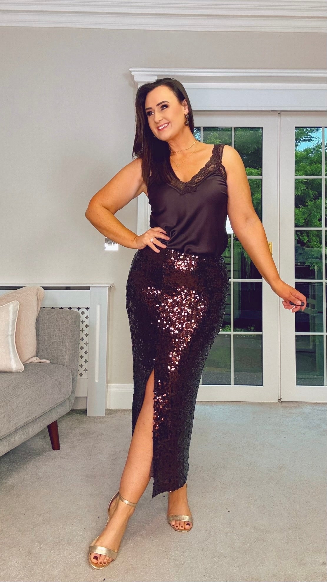 BROWN SEQUIN MIDI STRETCH SKIRT