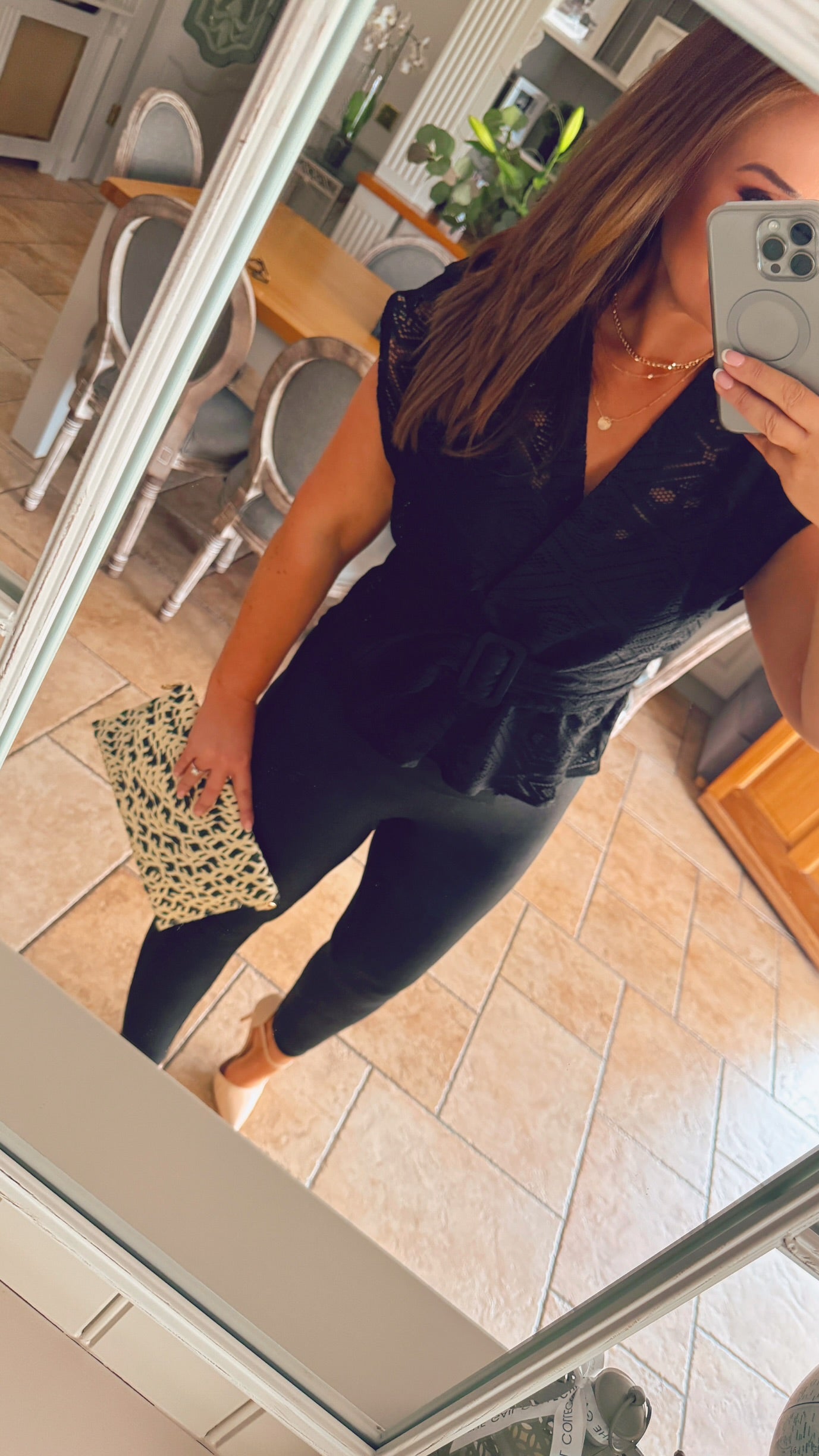 BLACK LACE PEPLUM TOP with belt