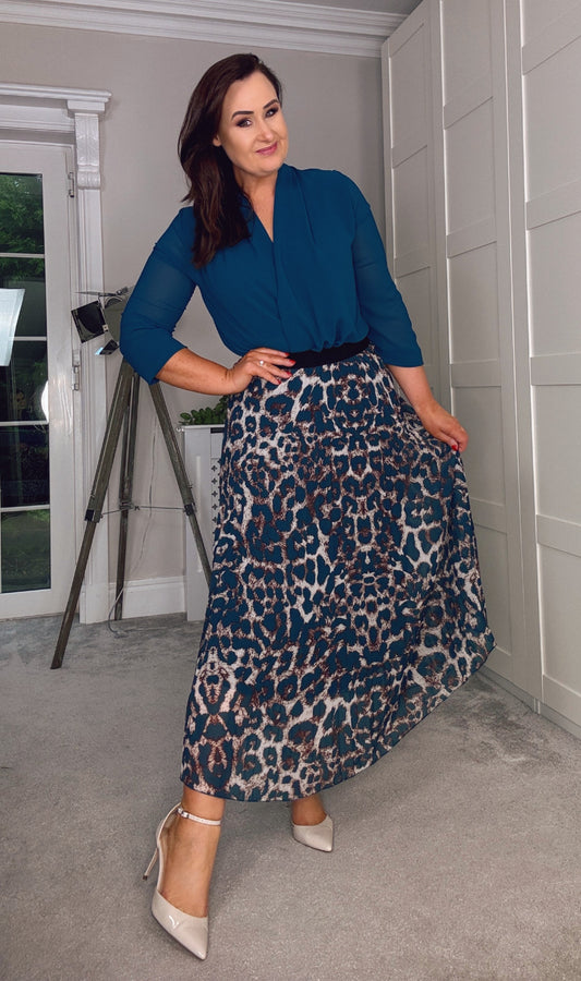 Turquoise Leopard Pleated Midi Skirt