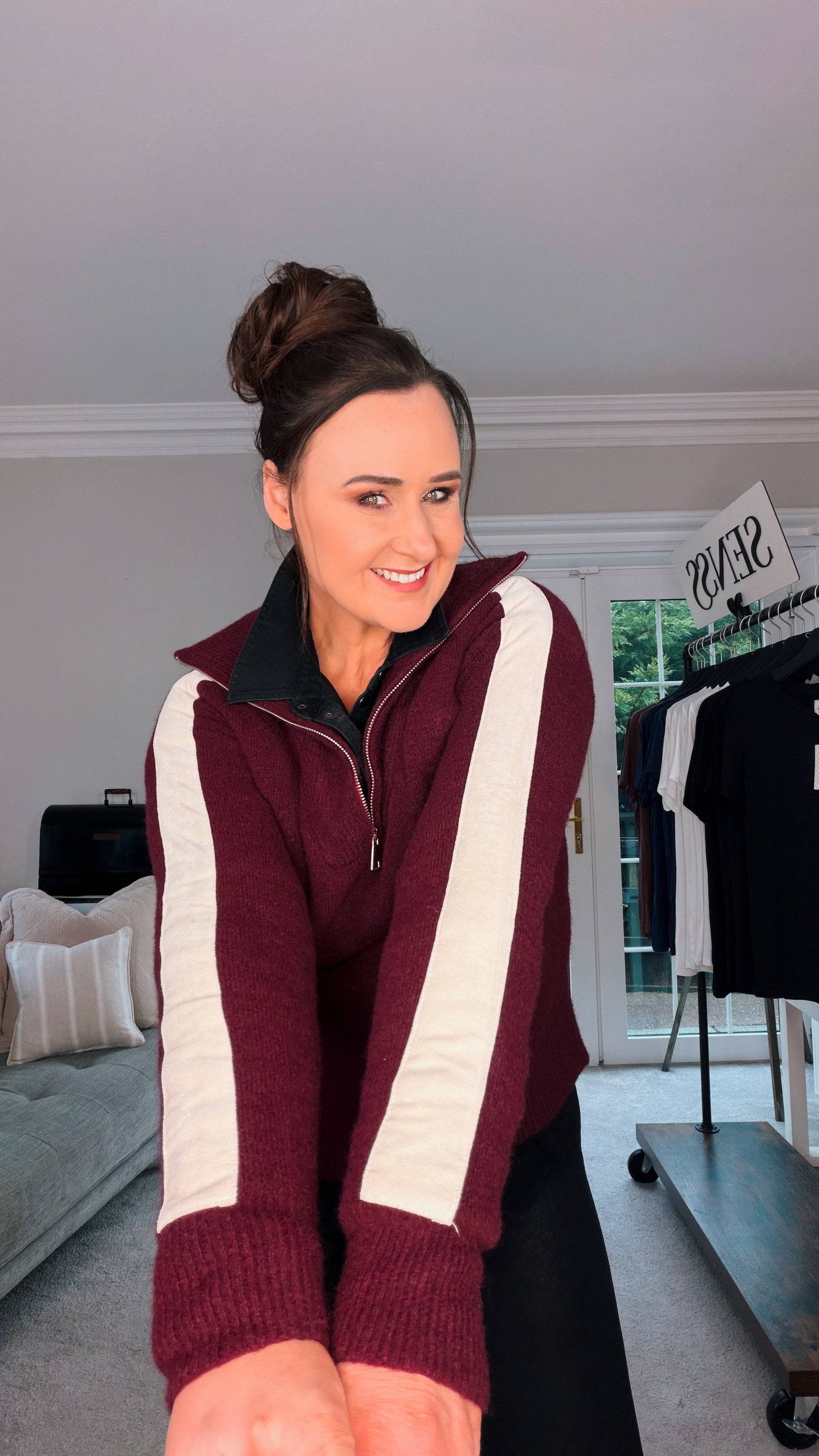 MAROON HALF ZIP JUMPER with sleeve stripe