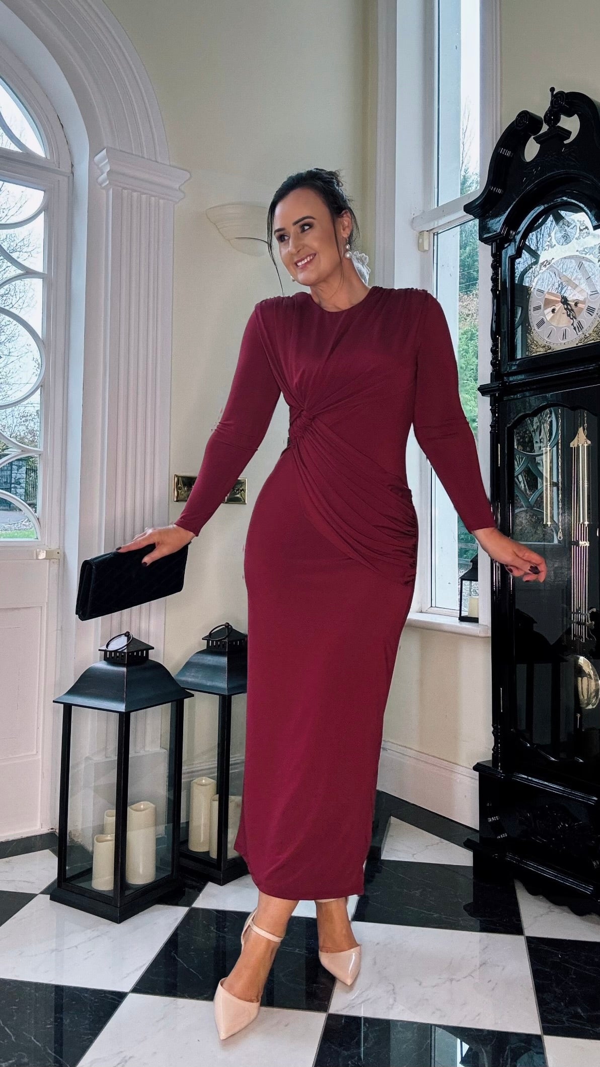 BURGUNDY SPECIAL OCCASION DRAPE MAXI DRESS