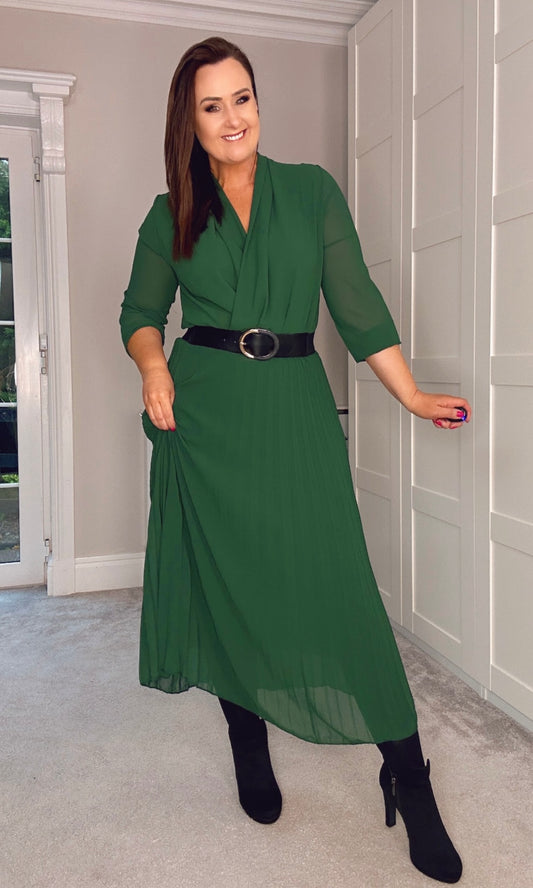 GREEN Pleated Midi Skirt