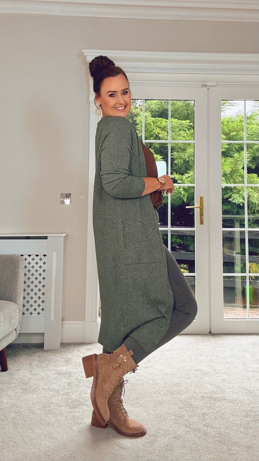 KHAKI CASHMERE MIX LONG CARDIGAN