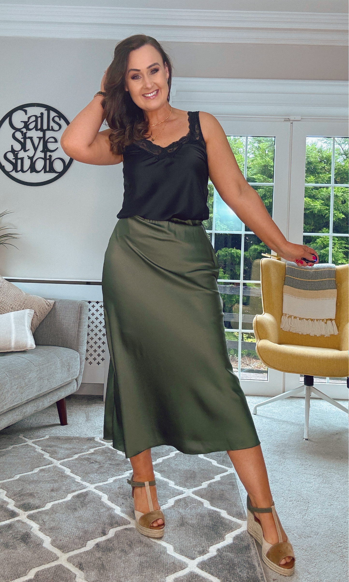 KHAKI Satin Mid Skirt