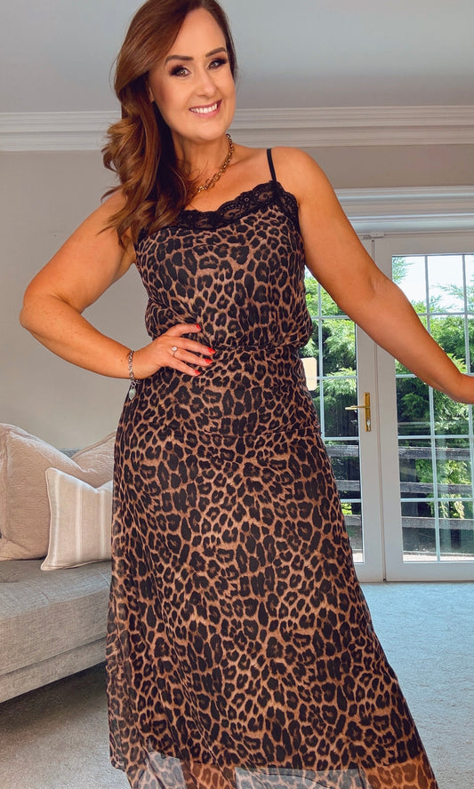 LEOPARD PRINT MESH MAXI SKIRT