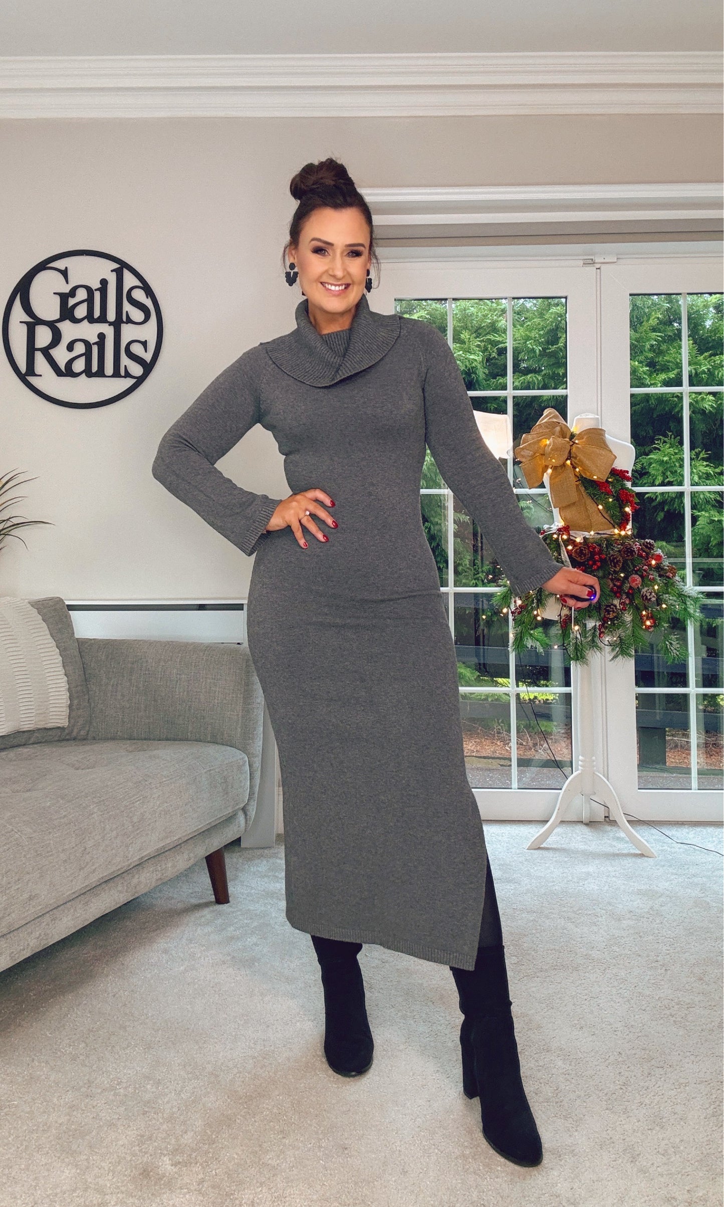 GREY COWL NECK KNIT DRESS