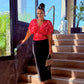 RED & PINK PATTERN GATHERED TOP