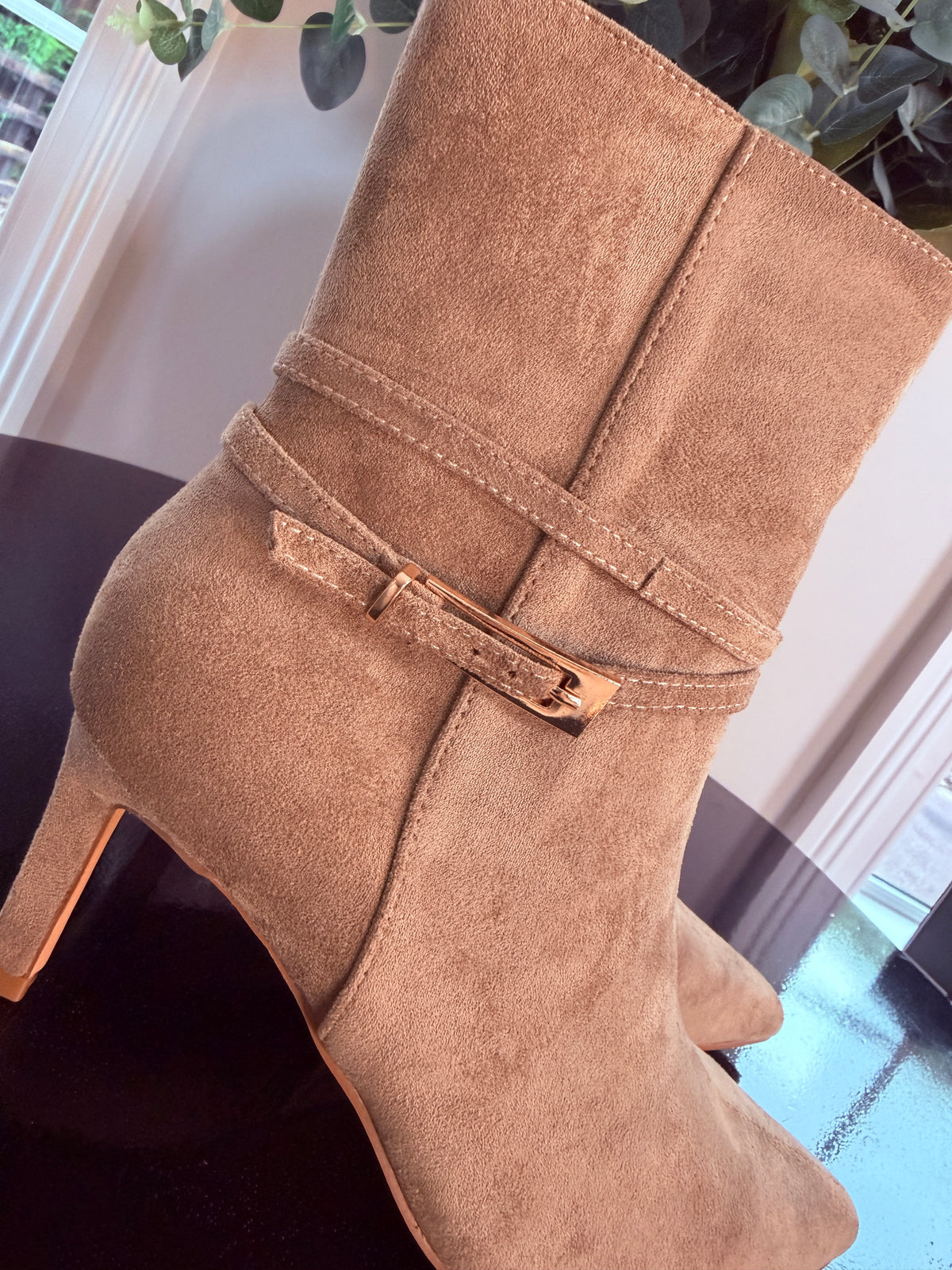 BEIGE BUCKLE ANKLE BOOTS
