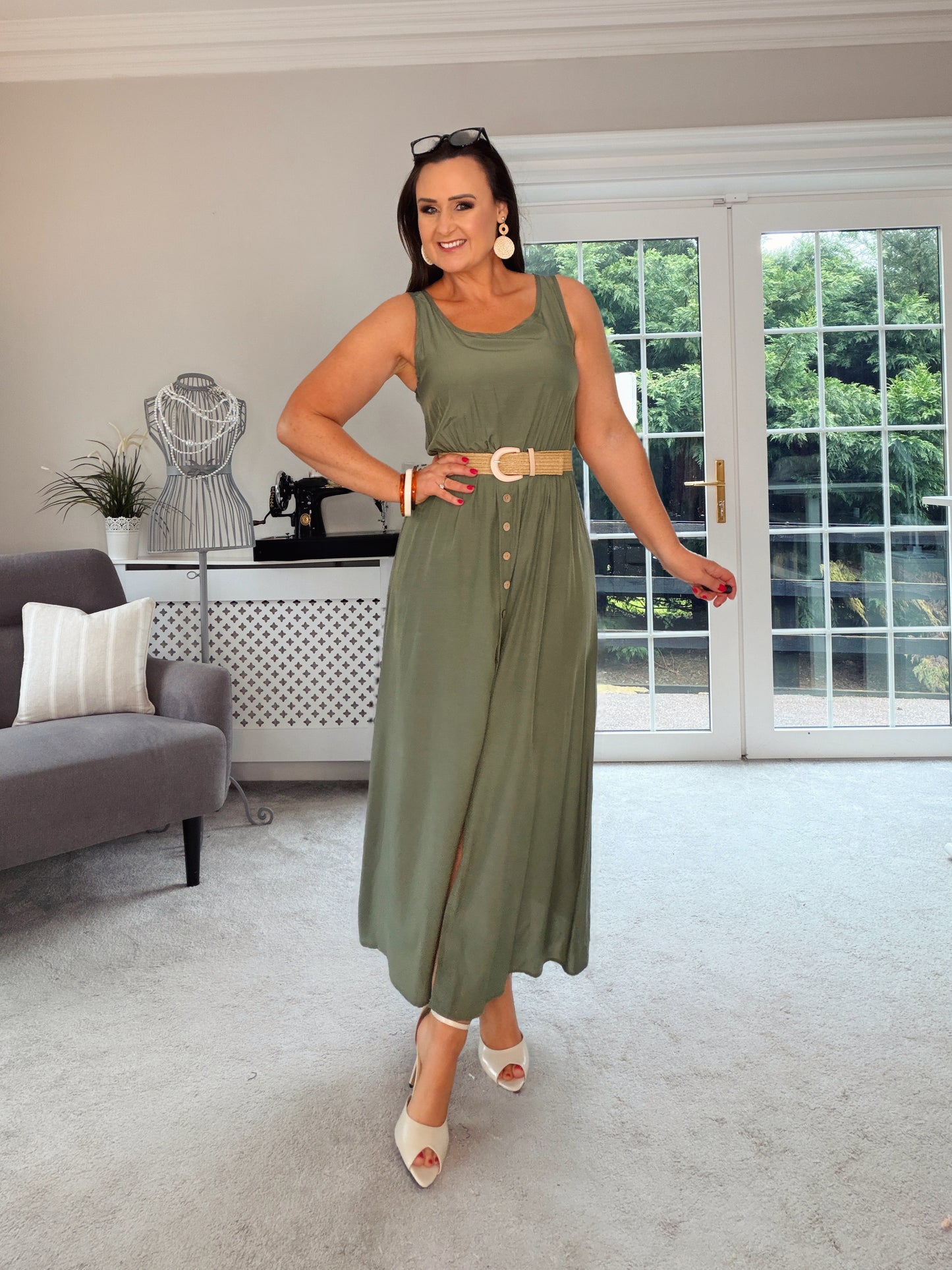 KHAKI BUTTON SUN DRESS with belt