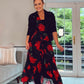 BLACK POPPY WRAP MIDI DRESS