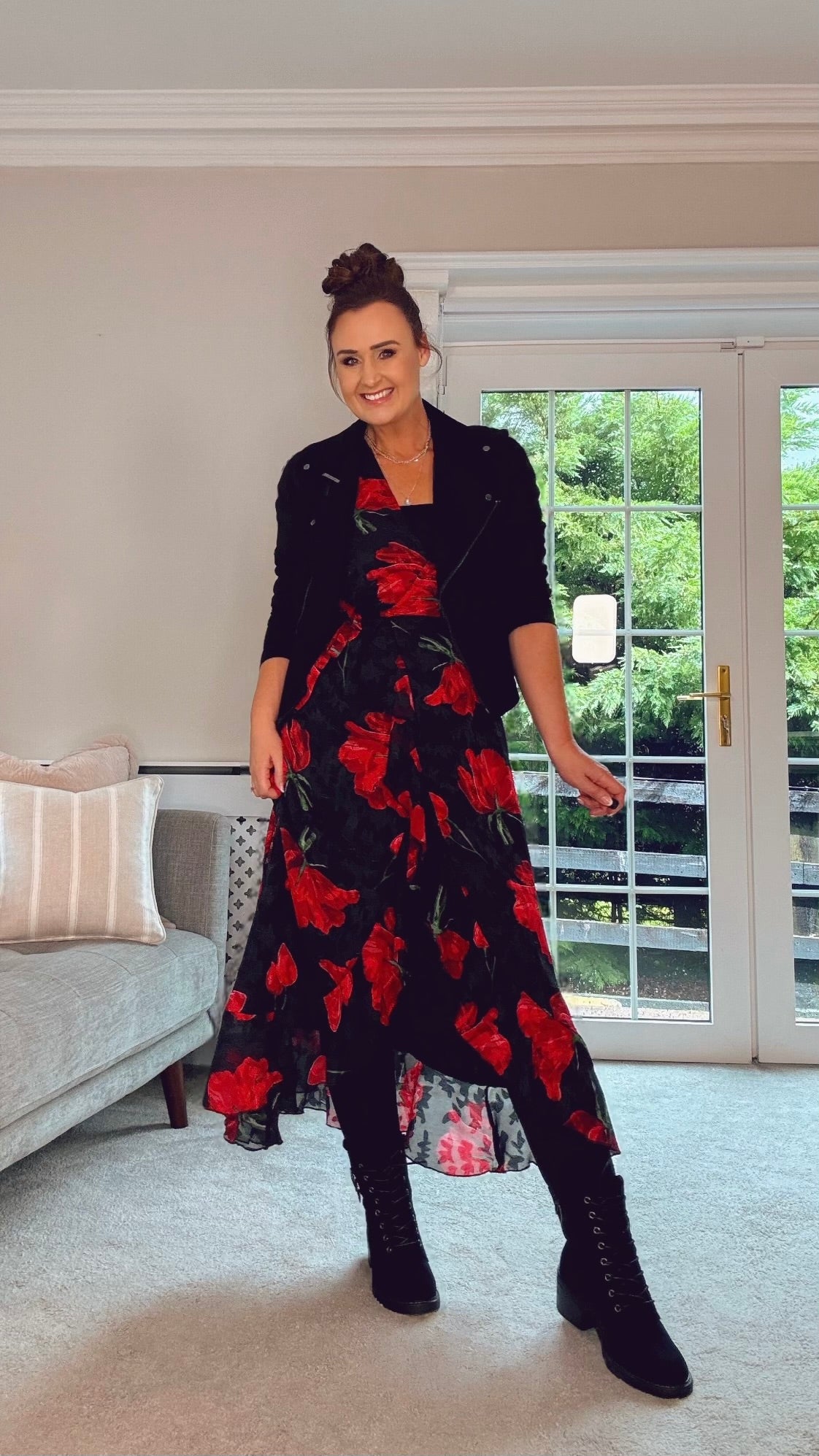 BLACK POPPY WRAP MIDI DRESS