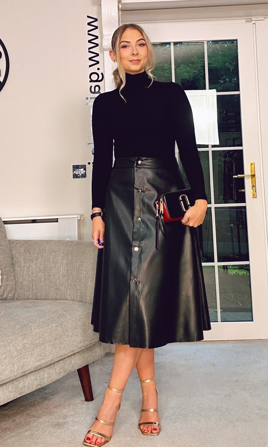 BLACK LEATHERETTE ALINE SKIRT