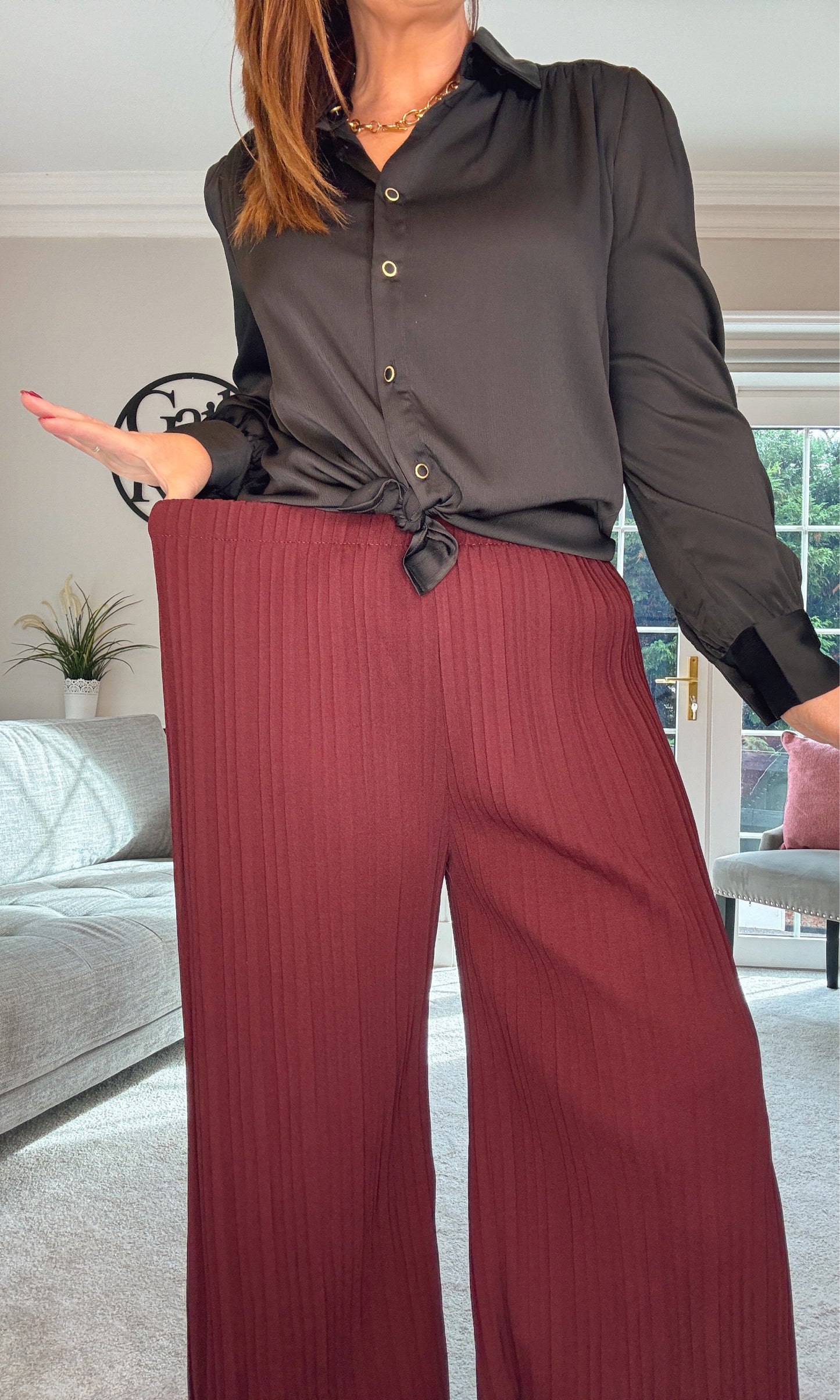 BURGUNDY CHRISTY WIDE LEG PLEATED TROUSERS