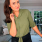 KHAKI STRETCH LONG SLEEVE TIE KNOT BLOUSE