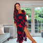 BLACK POPPY WRAP MIDI DRESS