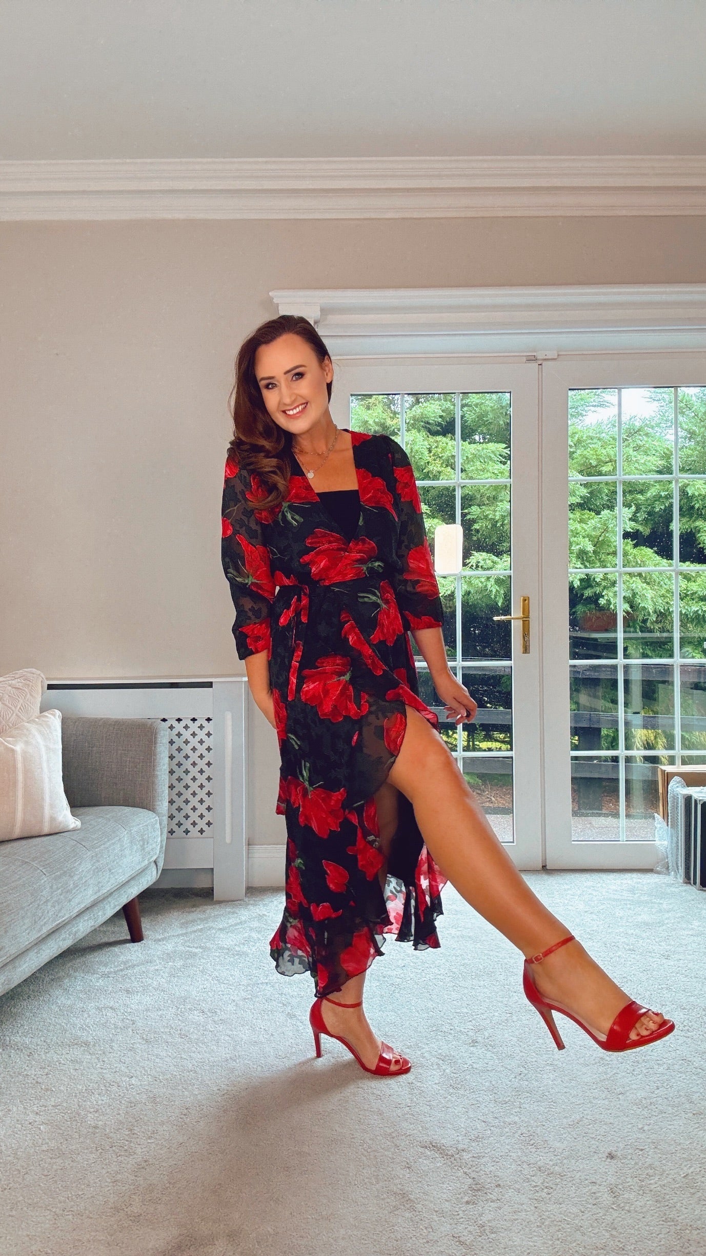 BLACK POPPY WRAP MIDI DRESS