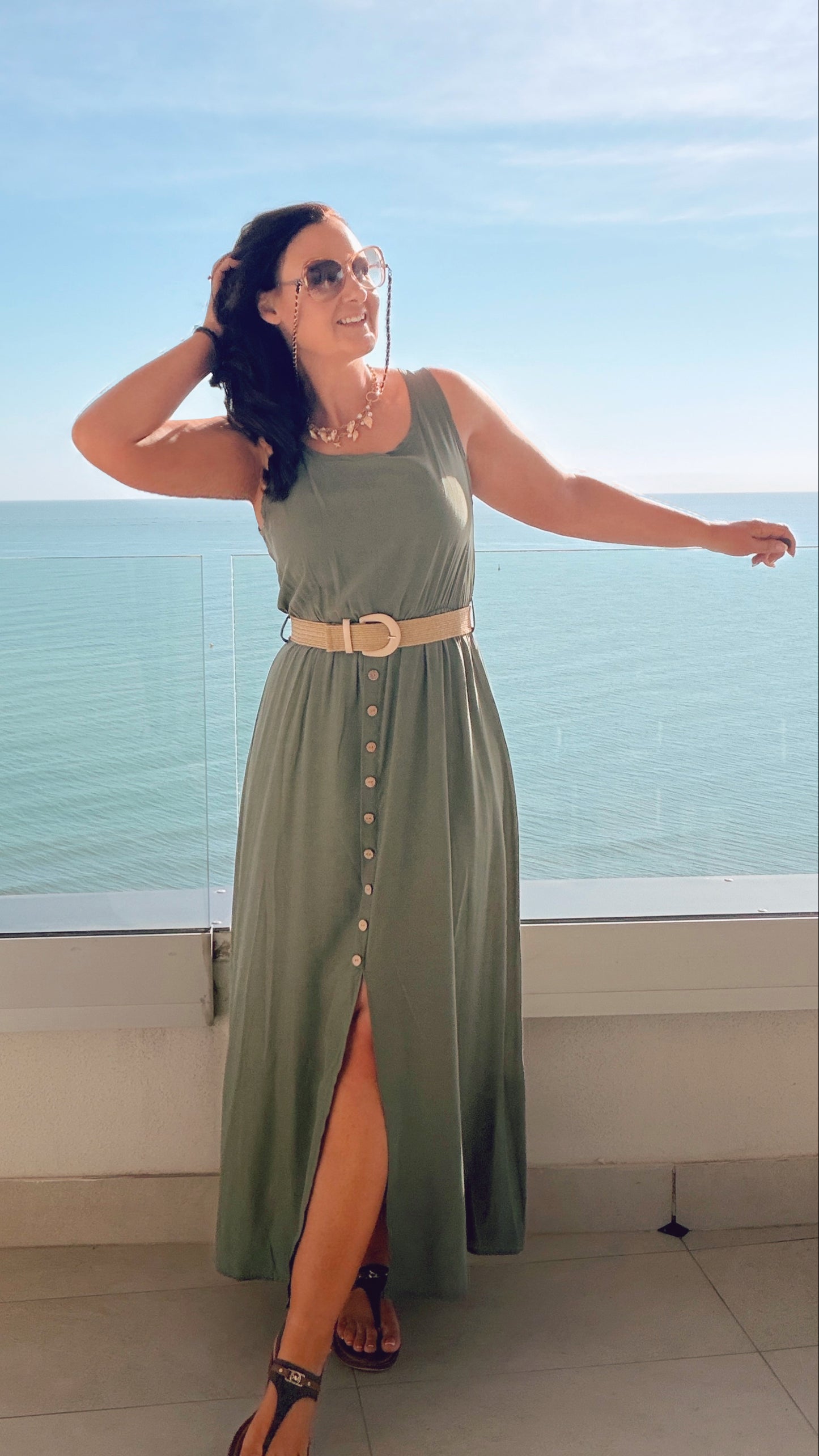 KHAKI BUTTON SUN DRESS with belt