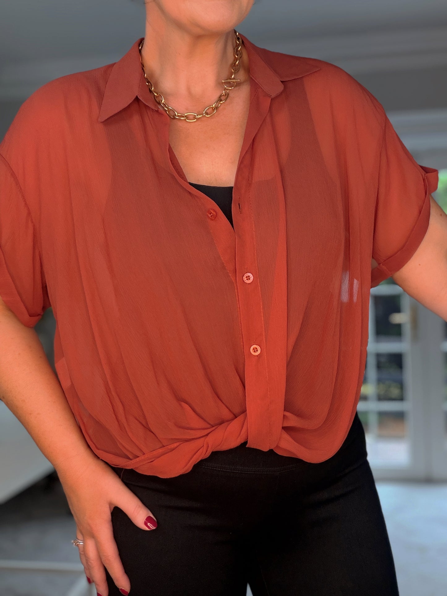 RUST CHIFFON BLOUSE with twist deatil front