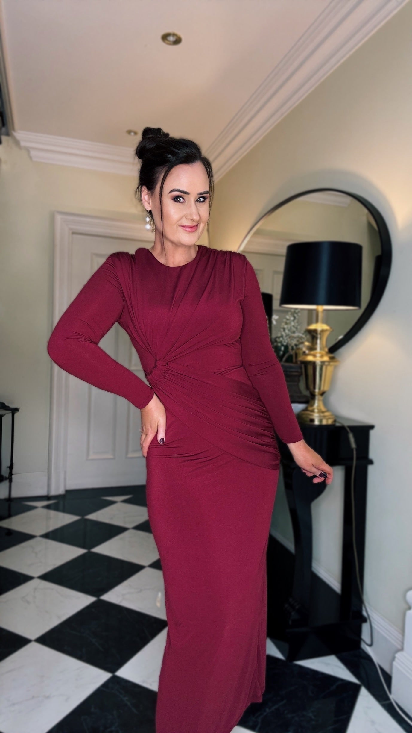 BURGUNDY SPECIAL OCCASION DRAPE MAXI DRESS