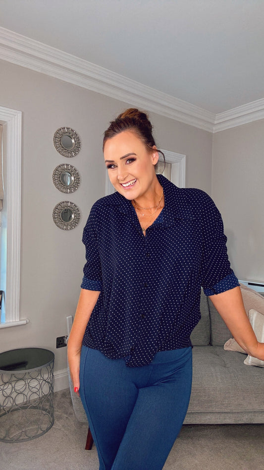 NAVY POLKO DOT KNOT BLOUSE